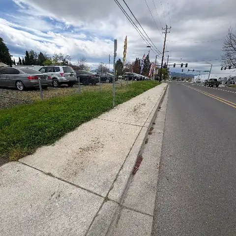 parking-strip grass before service, overgrown along the sidewalk